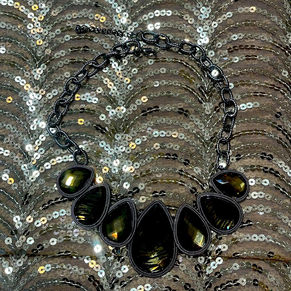 New, Olive-Transparent Teardrop, Shaped Necklace; Black Tiger Lines, within.